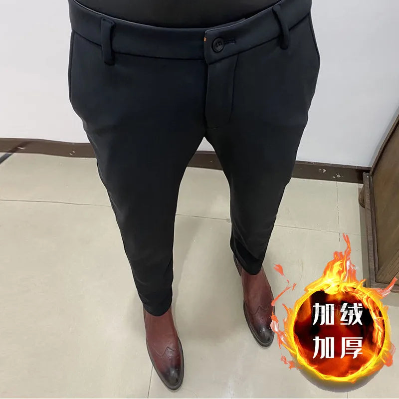 2025 Autumn Winter New With Velvet Warm Casual Pants High Quality Slim Fit Men's Formal Business Office Social Solid Trousers