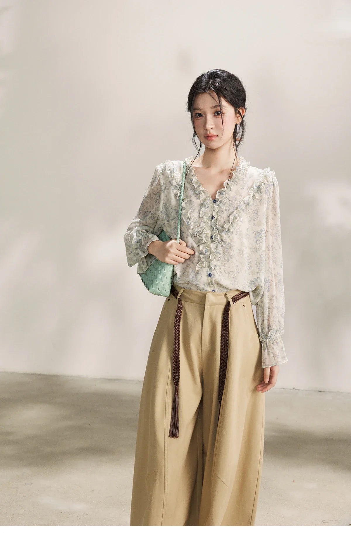 Women's Light Blue Paisley Print Ruffle Blouse V-neck Sheer Long Sleeve Chiffon Shirt Casual Summer Wear MXF13X2549