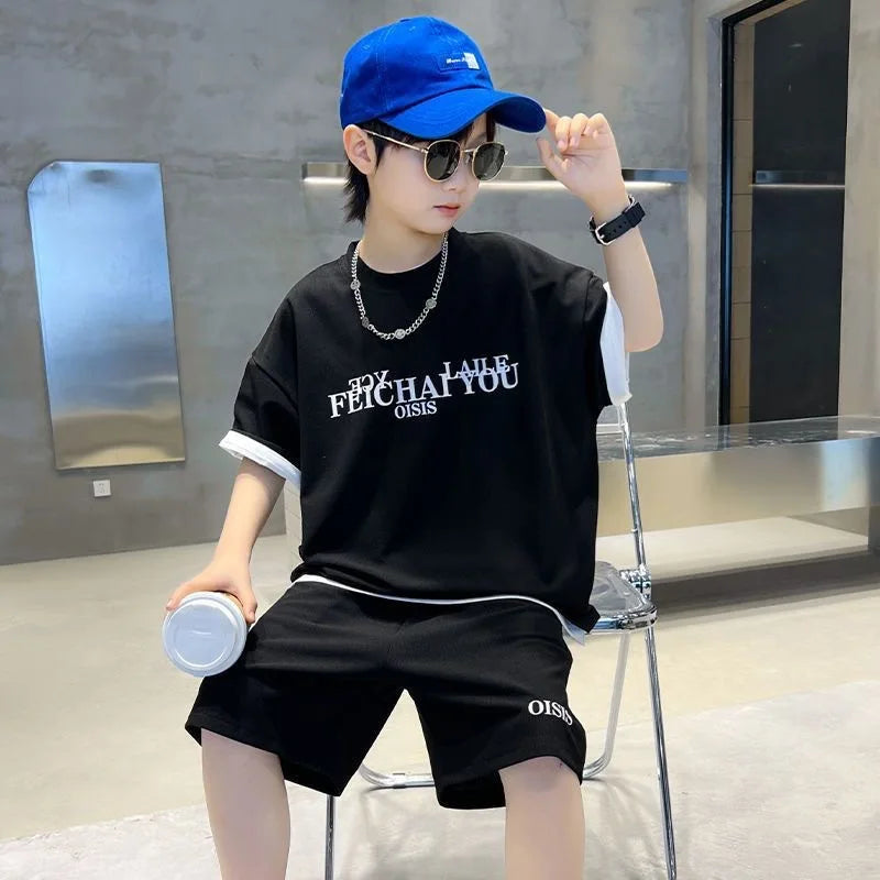 Summer Casual Boys Cotton Alphabet t-Shirt Tops+Drawstring Short Pant Set School Kids Tracksuit Child 2PCS Jogger Outfit 5-16Yrs
