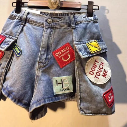 2026 Summer New Embroidery Letter High Waist Cargo Pocket Denim Shorts Women