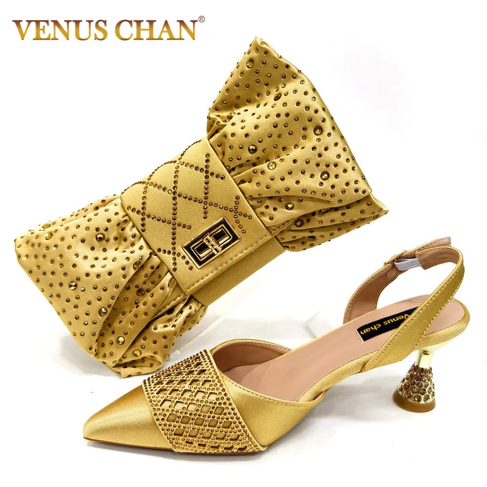 2025 New Summer Collection Stylish Italian Women’s Shoes and Bag Set in Gold Colour - Comfortable Mid Heels With Rhinestones