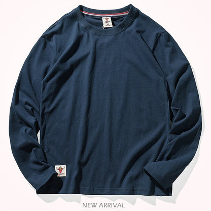 Autumn American Retro Long Sleeve O-neck Solid Color T-shirt Men's Fashion Simple 100% Cotton Washed Old Casual Bottoming Tops