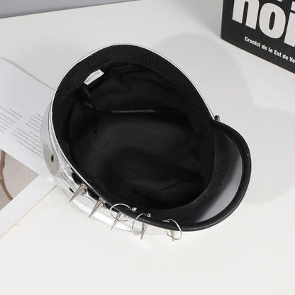 Sweet cool Spice Girl style riveted spider hoop PU leather newsboy hat Y2K fashion trend shopping face small beret