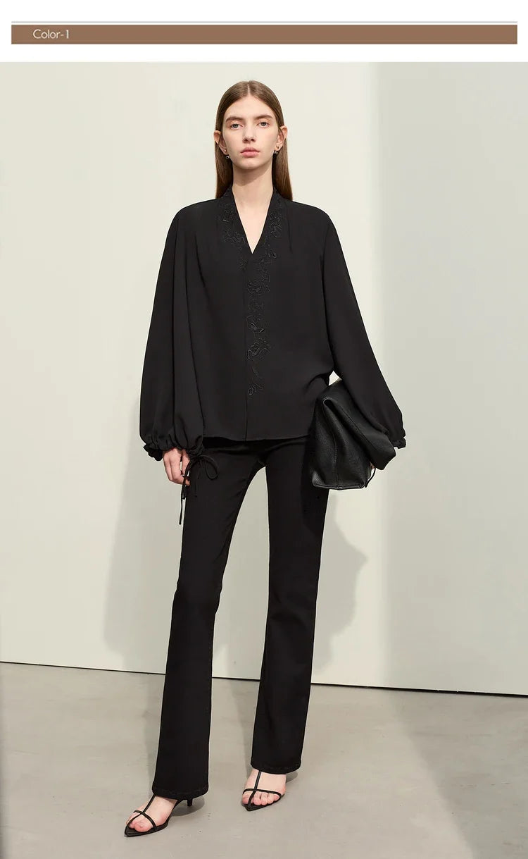 Chiffon Women's Blouse 2025 Autumn New V-neck Letter Embroidered Top Elegant Lantern Sleeve Loose Women's Shirt 12421028