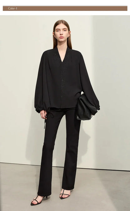 Chiffon Women's Blouse 2025 Autumn New V-neck Letter Embroidered Top Elegant Lantern Sleeve Loose Women's Shirt 12421028