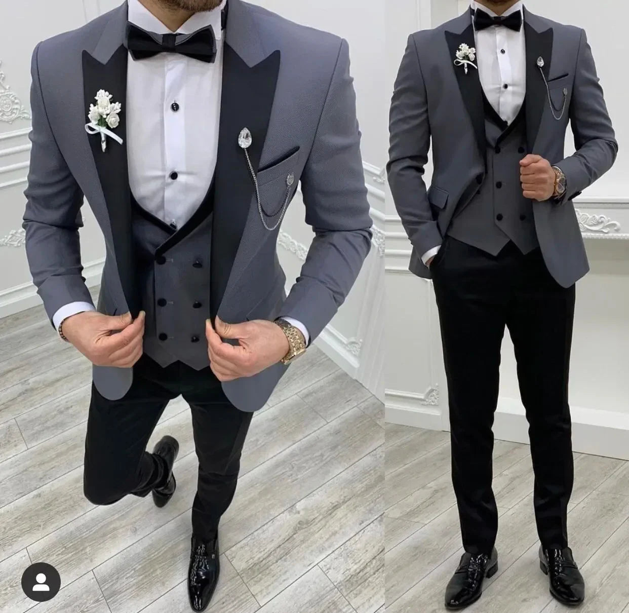 New Grey Costume Slim Fit Men Suits Black Pant Slim Fit Groom Tuxedos For Formal Wedding Suit Jacket Pant Vest 3 Pieces Blazer
