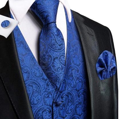 Jacquard Silk Mens Waistcoat Tie Set Sleeveless Jacket Necktie Hanky Cufflinks Suit Gold Blue Black Vest Wedding Business