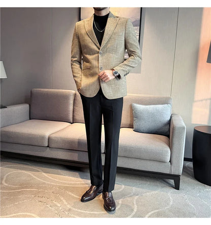 Autumn Winter Thick Wool Plaid Suit Jacket 2025 New Men's Slim Fit Casual Fashion Formal Business Socia Party Jacket Coats