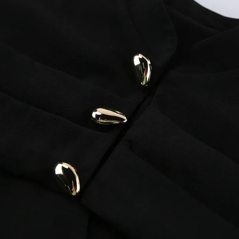 Black Elegant Blazer For Women 2025 Autumn Fashion Gold Buttons Patchwork Jacket Coat Party Vintage Commuter Suit Jacket