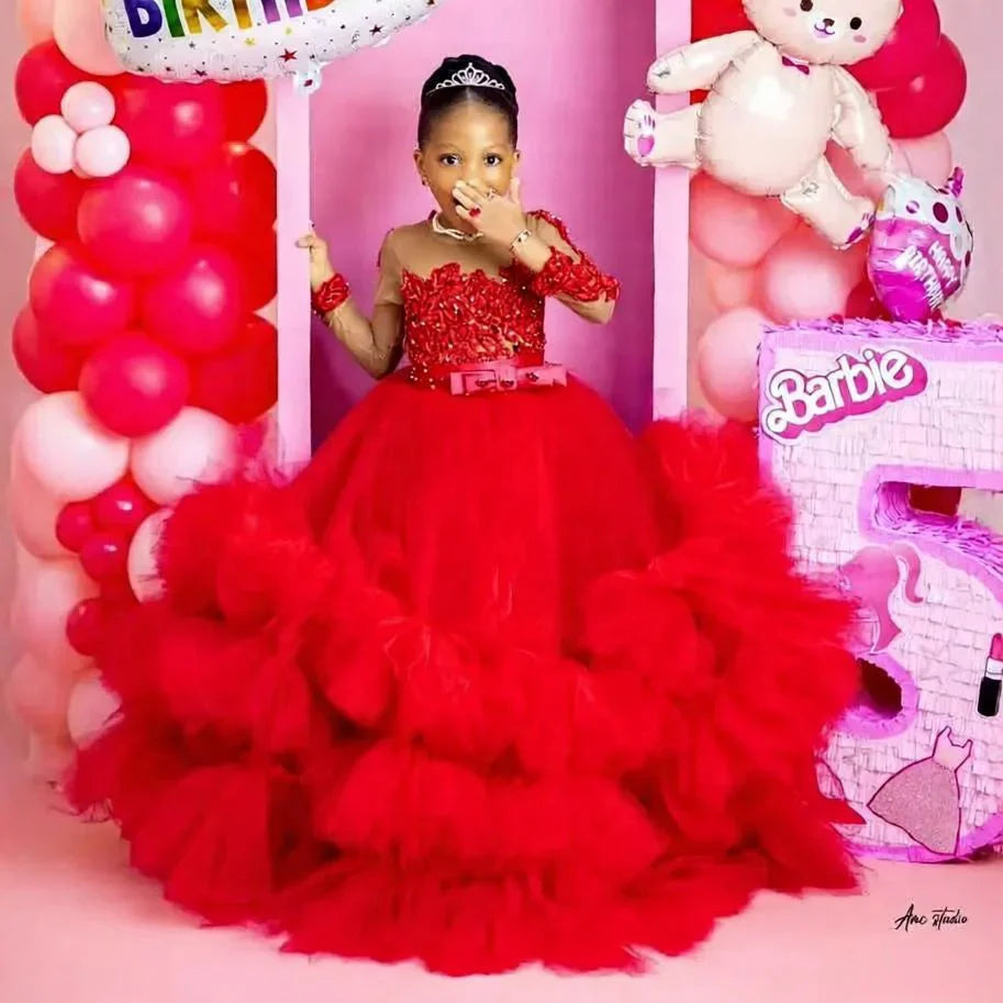 Fuchsia Princess Girls Birthday Party Dress Tiered Ruffles Long Sleeve Flower Girl Dresses for Wedding Kids Prom Gown Customized