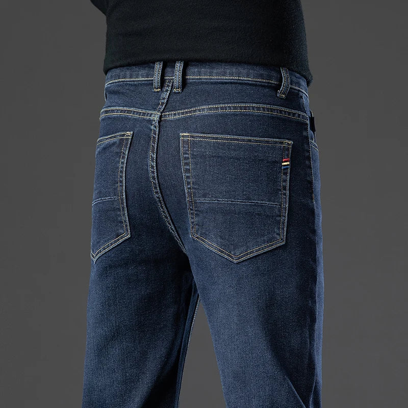 2024 Brand Thin or Thick Material Straight Cotton Stretch Denim Men's  Business Casual High Waist Light Grey Blue Jeans