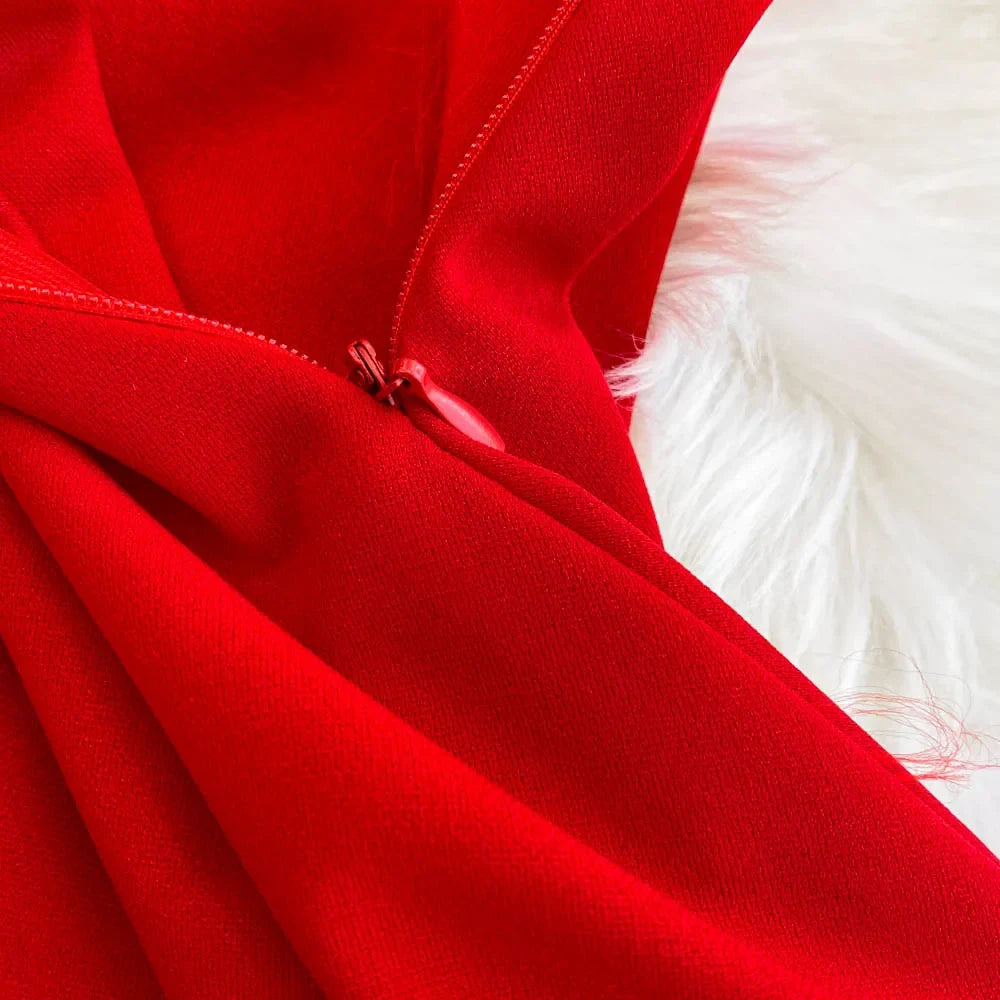 Women's Christmas Dress Sexy Low-cut Waist Thin Big Pendulum Fluffy Splicing Suspender Tube Ling Dress Red