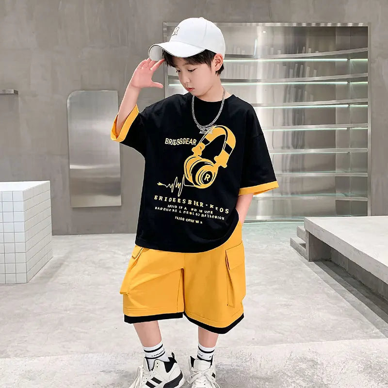 Fashion Stylish Kids Boys Top and Bottom Set Summer Tracksuit Streetwear Children New Trend Short Sleeve Clothes Suit Age 5-14 Y