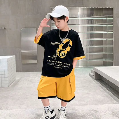 Fashion Stylish Kids Boys Top and Bottom Set Summer Tracksuit Streetwear Children New Trend Short Sleeve Clothes Suit Age 5-14 Y