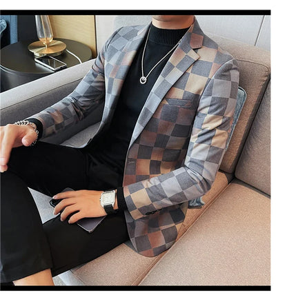 British Style Luxury Plaid Suit Jacket 2025 Spring New Men High-end Business Slim Blazers Groom Wedding Social Party Dress Coats