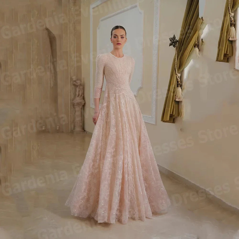 Luxurious A Line Women's Evening Dresses O Neck Prom Gowns Vestidos Para Mujer Customized Shiny Lace Formal Party Robe De Soirée