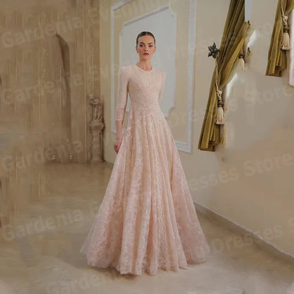 Luxurious A Line Women's Evening Dresses O Neck Prom Gowns Vestidos Para Mujer Customized Shiny Lace Formal Party Robe De Soirée