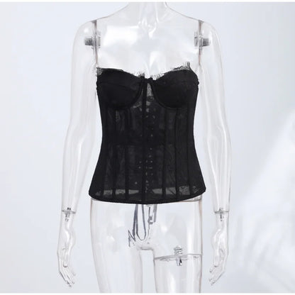 Sexy Women Sheer Lace Corset Top Bodycon Strapless Boned Bustier Sleeveless Back Lace-up Outfit 2026 New Fashion Party Clubwear