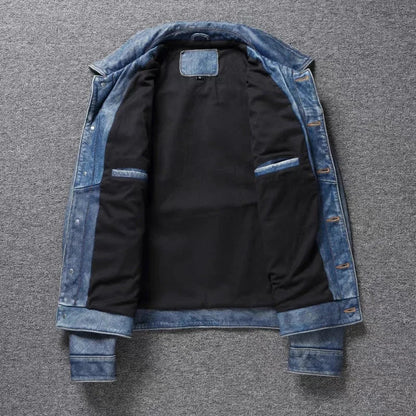 Men's Motorcycle Leather Jacket Light Blue Ami Khaki Retro Graphite Distressed Denim Genuine Leather Jacket Slim Short Jacket