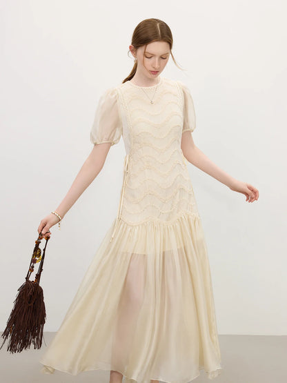 2025 Summer Women's Mesh Embroidery Dress Hollow Out Splicing Bubble Sleeves Waist Tie Y2K Trendy Boho Chic 25FS12832