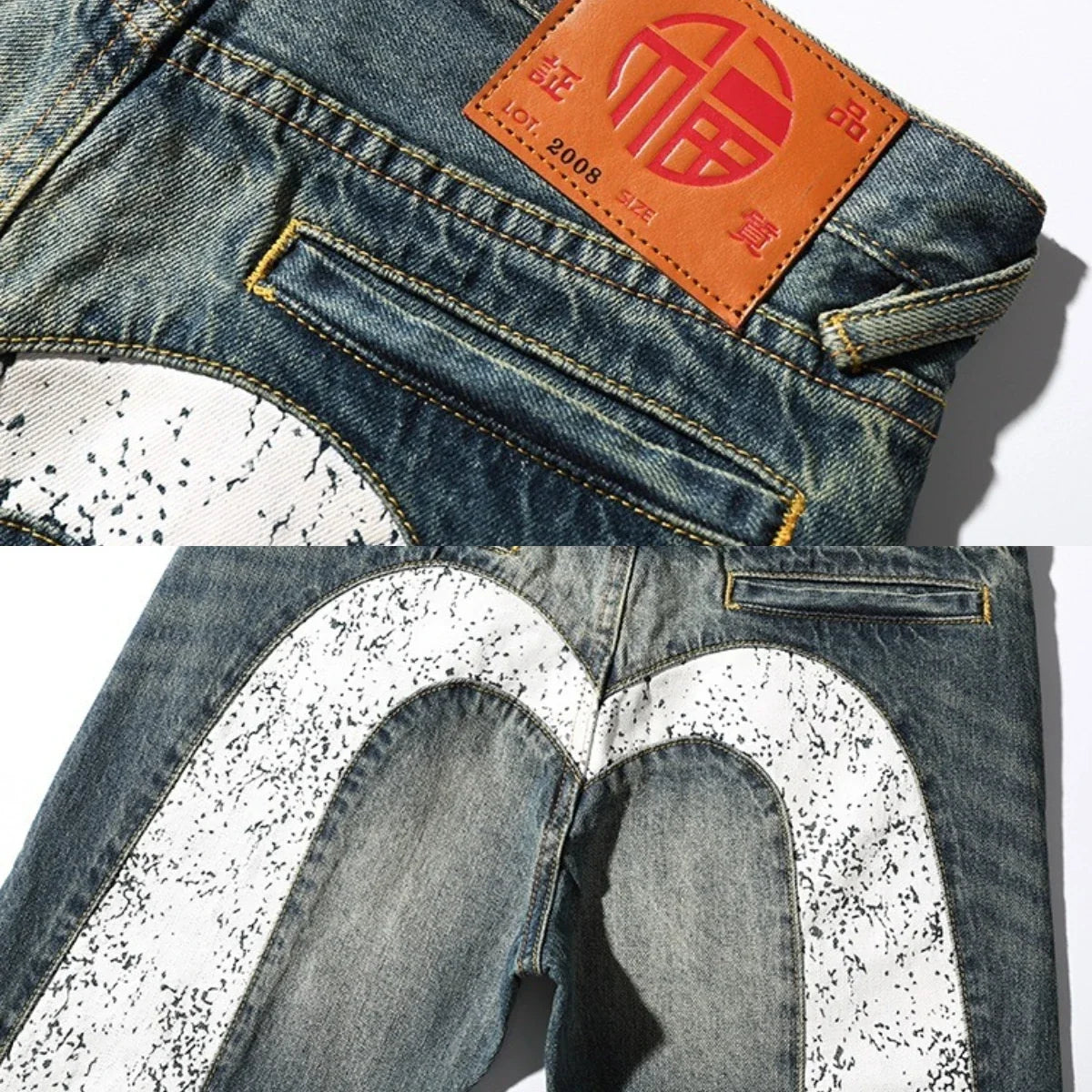 Men's Japanese Handmade Embroidered Jeans Pure Cotton Straight Tube Hip-Hop Popular Slim Red Ears Show Thin Trousers Blue MDevil