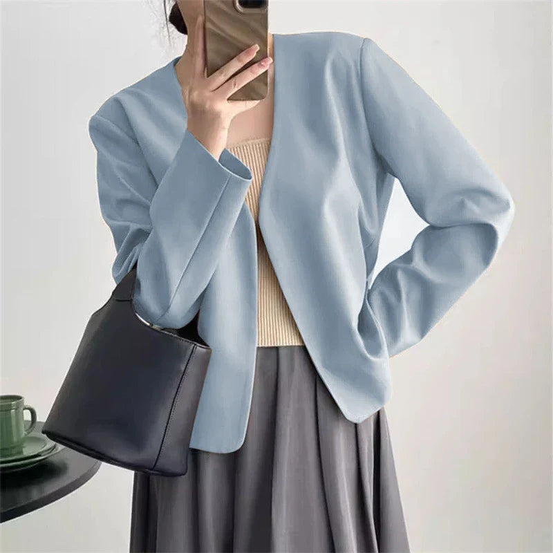 2025 Spring Autumn Fashion New Women's Suit Jackets Solid Short Coats Korean Blazers Long Sleeve Cardigan Coat Without Placket