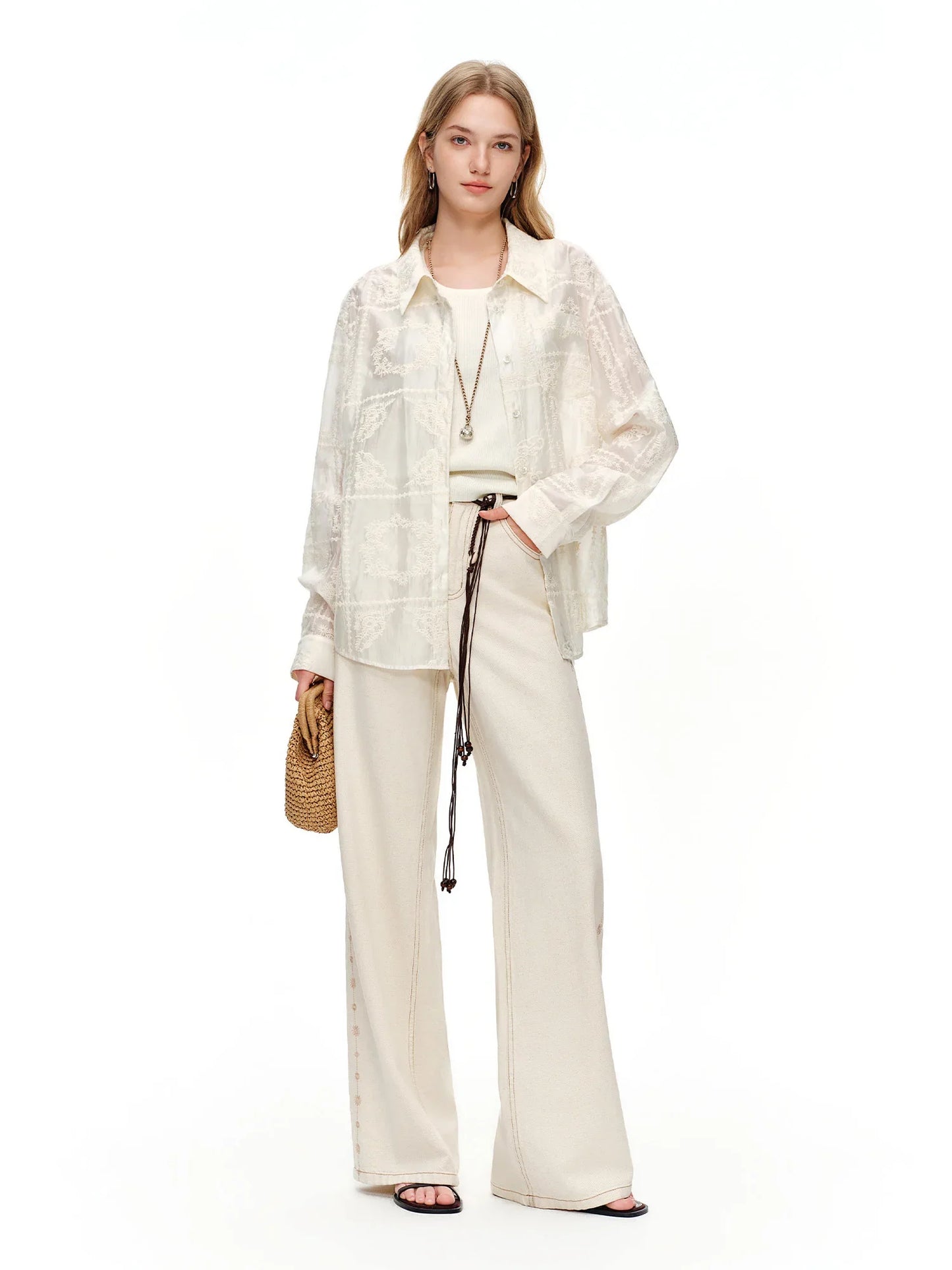 2024 Summer Women's White Linen Blend Embroidered Straight Leg Jeans - Elegant Casual Trousers for Daily and Summer Wear