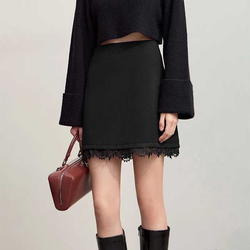 Minimalist Mini Skirt 2025 Winter New Short Wool Warm Skirts For Women Patchwork Lace Casual Solid Clothing Ladies 12544125