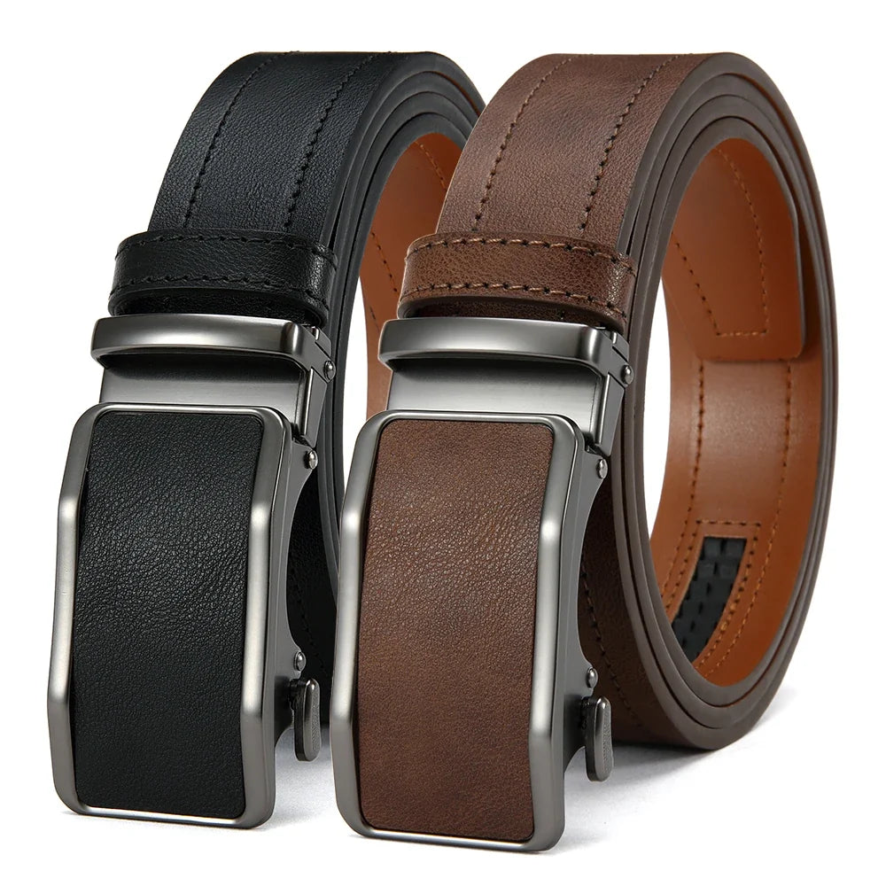 Men's Leather Belt Men's High-quality Business Belt Automatic Buckle Fashionable Ratchet Belt Can Be Adjusted Freely 2PCS