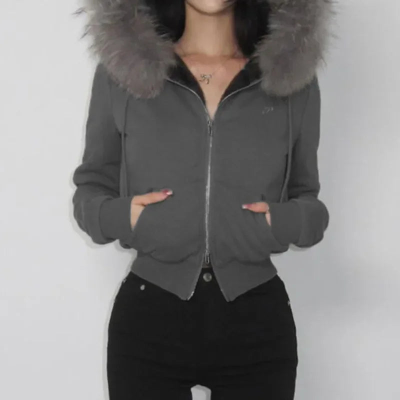 Goth Grey Faux Fur Collar Hooded Zip Up Hoodies Gothic Grunge Pockets Autumn Black Jackets Female Y2k Streetwear egirl Cardigans