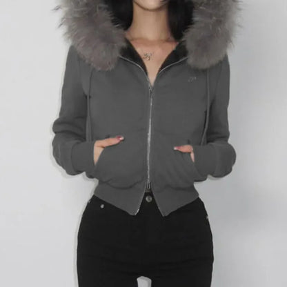 Goth Grey Faux Fur Collar Hooded Zip Up Hoodies Gothic Grunge Pockets Autumn Black Jackets Female Y2k Streetwear egirl Cardigans