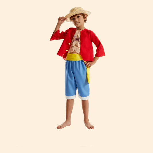 Luffy Cosplay Costume Anime Piece Coat Pants Hat for Kids Children Beach Clothing Halloween Carnival Party Role Play Suit
