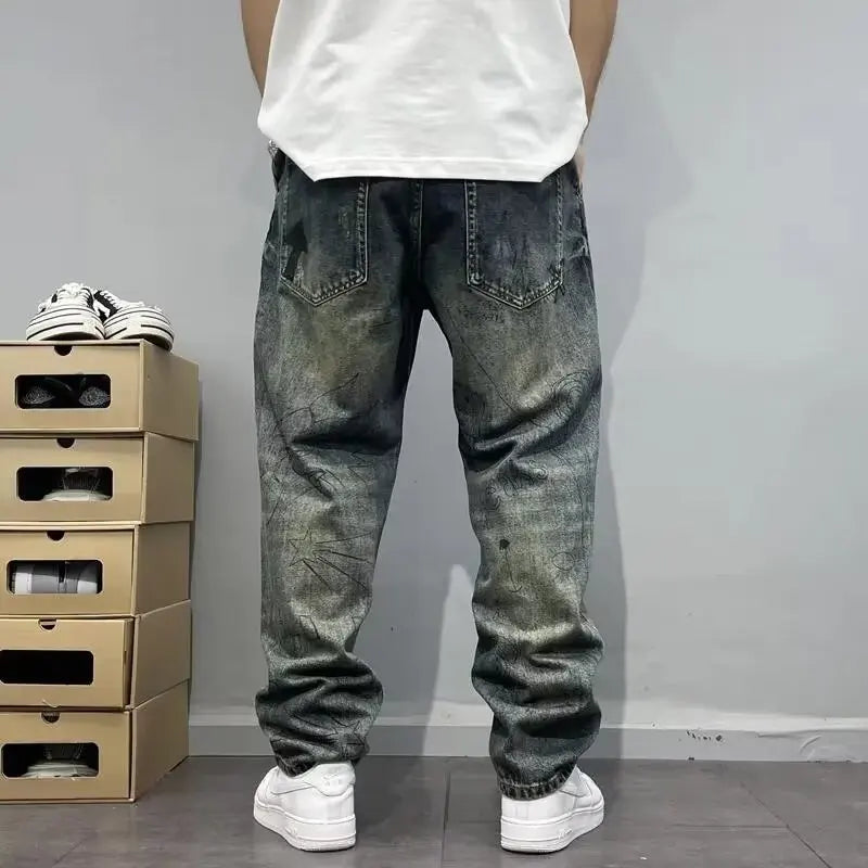 Korean Retro Ripped Jeans Embroidered Slim Fit Men'S Straight Leg Pants Graffiti Jeans Fashion Casual Pants