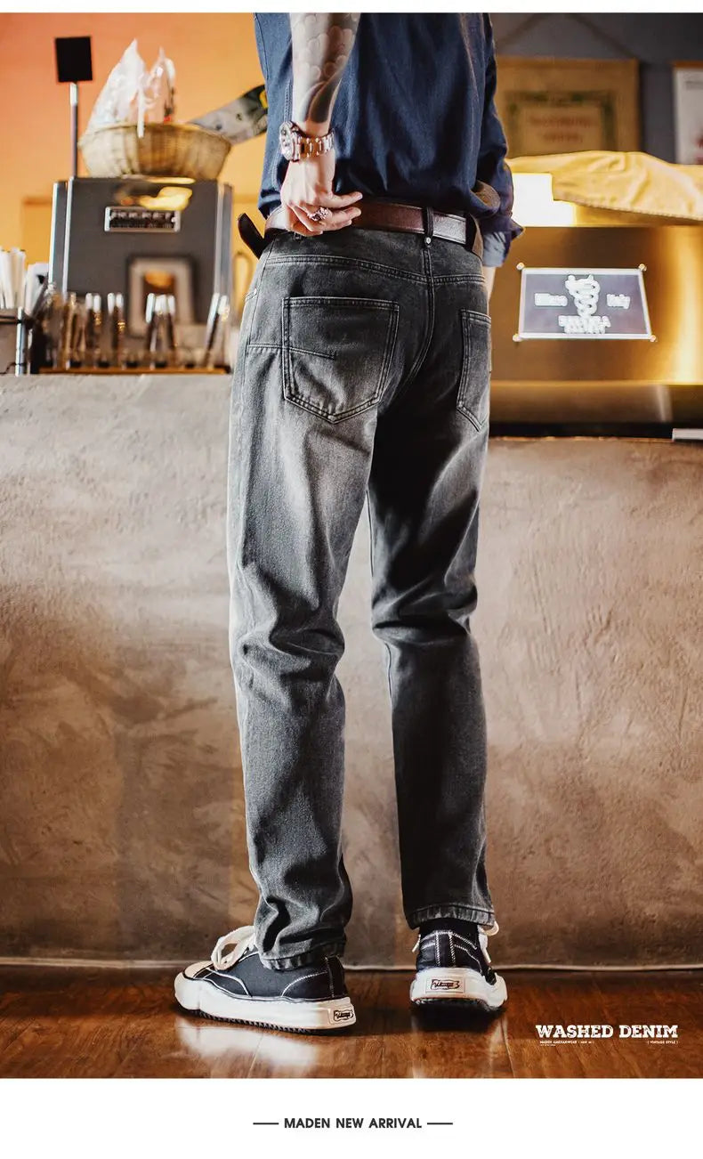 Men's Vintage 13oz Heavyweight Denim Jeans Washed Gray Straight Leg Tapered Pants Casual Trousers for Spring and Fall