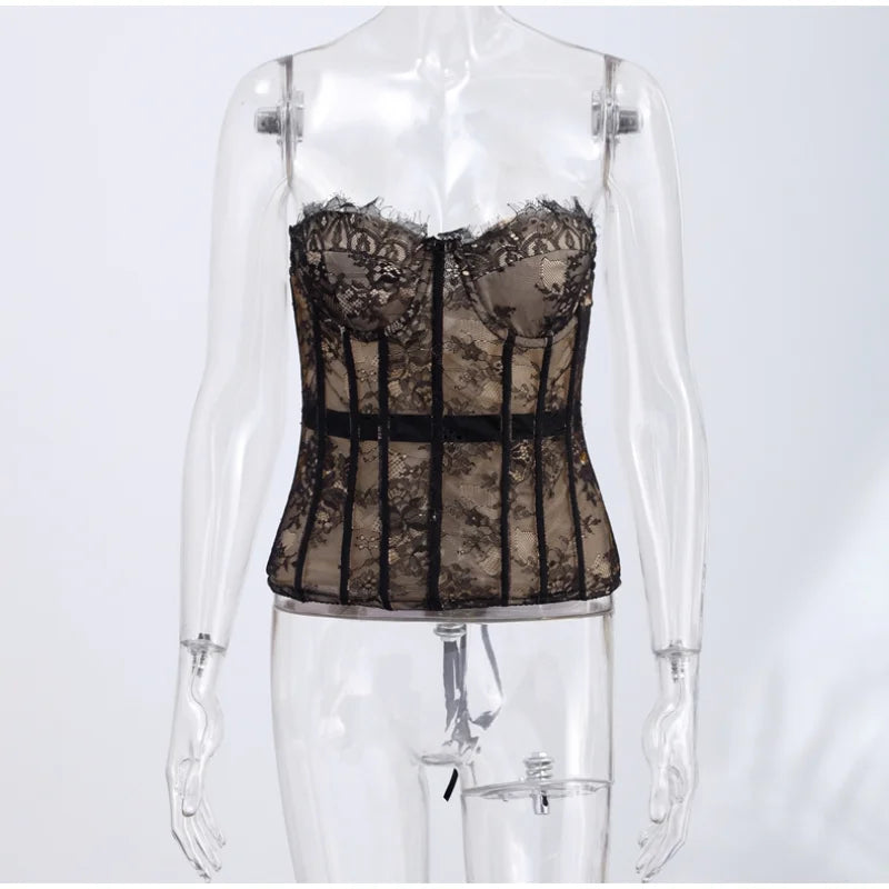 Sexy Women Sheer Lace Corset Top Bodycon Strapless Boned Bustier Sleeveless Back Lace-up Outfit 2026 New Fashion Party Clubwear