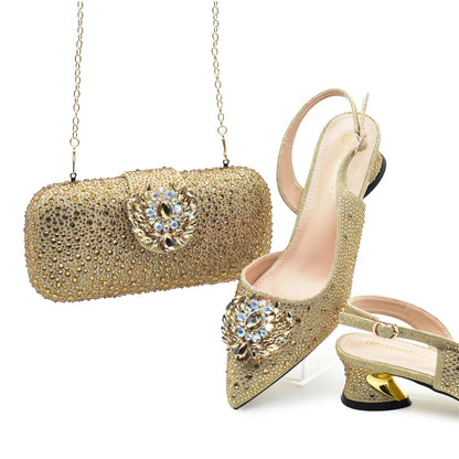 Luxury Designer Silver Italian Matching Shoes and Bag Set Decorated with Rhinestone Shoe and Bag Set for Party in Women Nigerian
