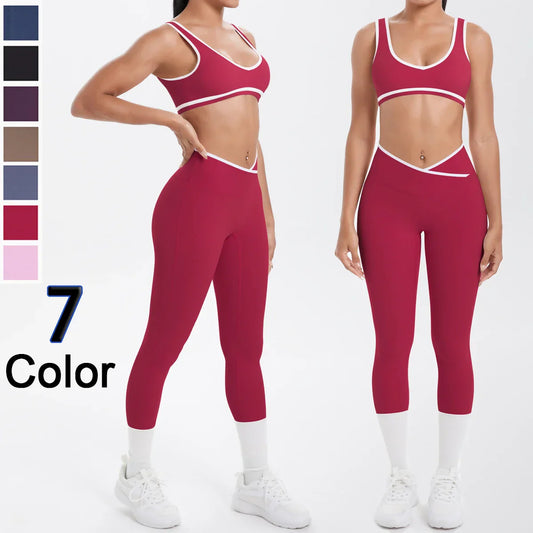 2PCS Woman's Yoga Bra Pants Set Solid Color Workout Top High Strength Workout Push Up Sports Set Outdoor Running Yoga Leggings