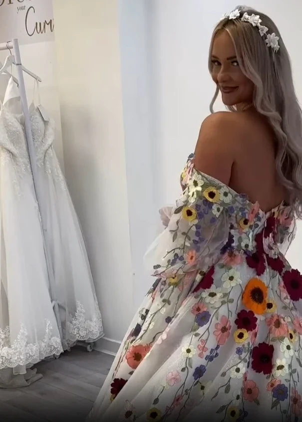 Floral Party Dress Detachable Sleeve Prom Gown Off Shoulder Princess Gowns Sweetheart Celebrity Dress Customized