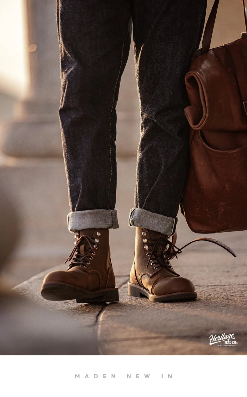 Full-Grain Leather 8111 Ankle Boots Retro Genuine Leather Paratrooper Motorcycle Boots for Men's Fall Winter Casual Shoes
