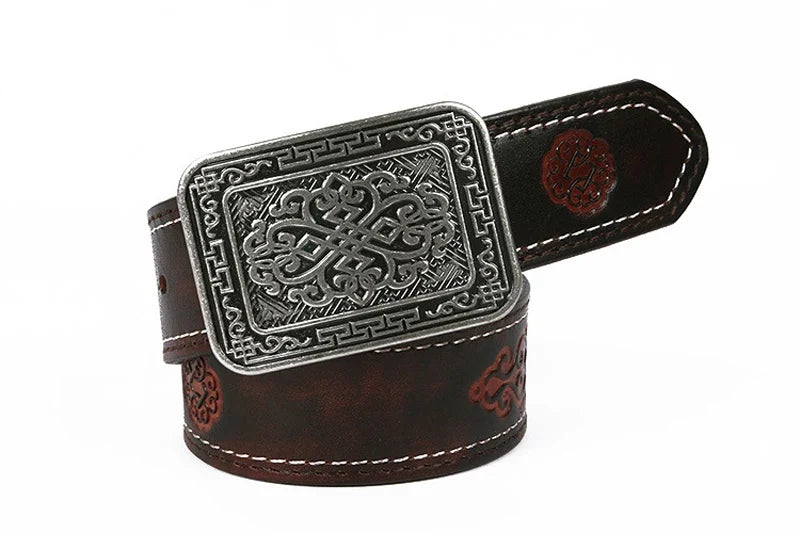 3.8cm Chinese Pattern Cowboy Smooth Buckle Men's Belt Ceinture Homme Yellow Belt Male Wide Jeans Men Genuine Leather Belt