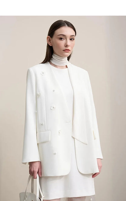 Women's Jacket 2026 Autumn New Elegant Commuter Beaded Flower Chiffon Streamer Tie Blazers Solid Loose V-Neck Top 12641078