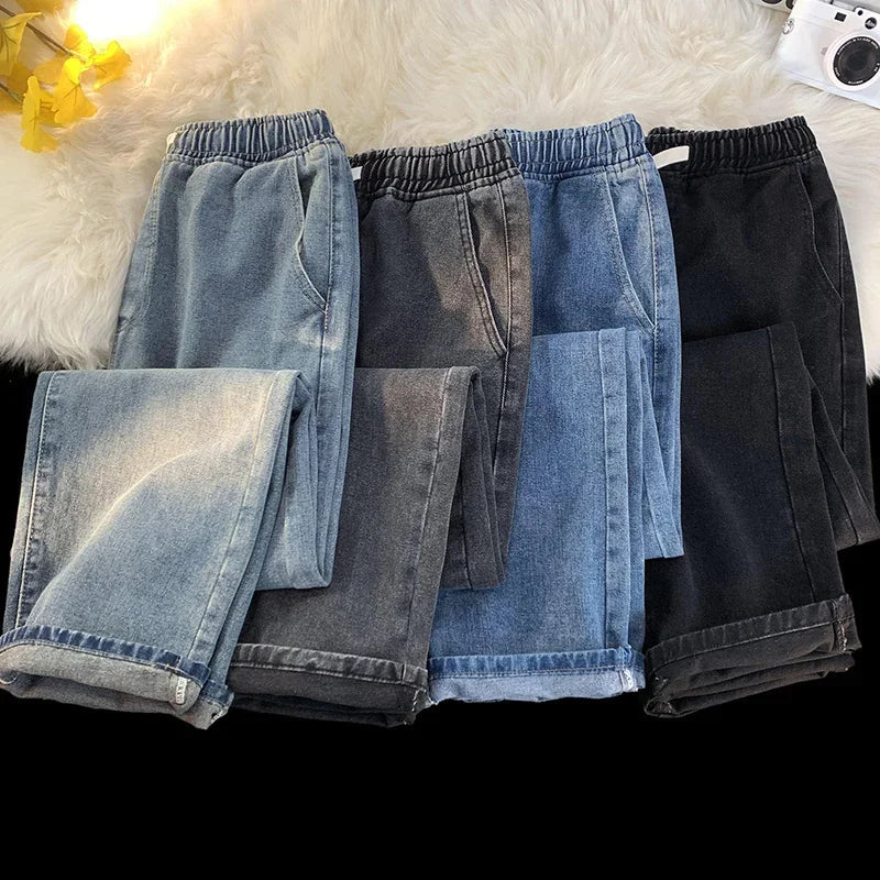 Casual Jeans Men's Baggy Straight Elastic Waist Drawstring Korea Fashion Male Vintage Denim Trousers Streetwear 3XL