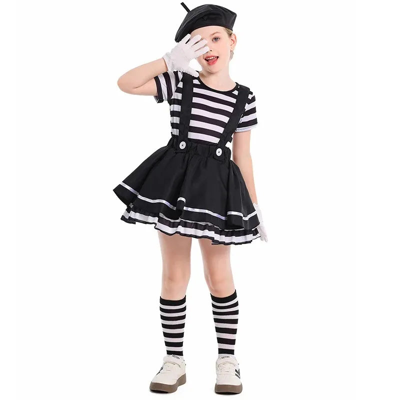 Mime Costume Clown Cosplay Clothing Girls Stage Performance Skirt T-shirt Hat Gloves Halloween Carnival Party Suit ﻿