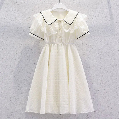 2026 New Summer Dresses Kid Baby Princess Lace Girls Teenager A-LINE STRIPED Chiffon Mid Long Layered Dress 4 8 10 12 14 Years