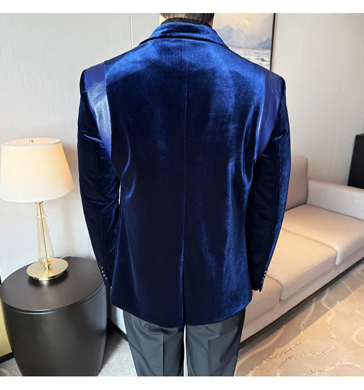Leather Splicing Mercerized Velvet Suit Jacket 2025 Autumn New Men's High-end Business Slim Fit Fashion Party Tailcoat 4XL-M