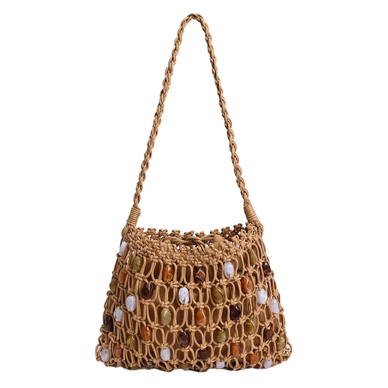 Hollow Beading Women Shoulder Bag Rope Knitting Handbags Bohemian Crochet Mesh Bags for Women Small Woven Beach Bag Flap Tote