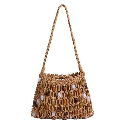 Hollow Beading Women Shoulder Bag Rope Knitting Handbags Bohemian Crochet Mesh Bags for Women Small Woven Beach Bag Flap Tote