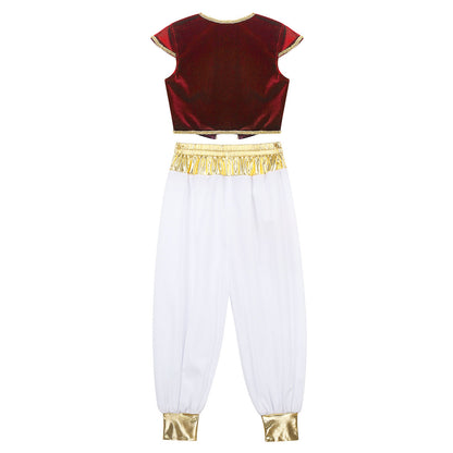 Boys Mythical Prince Arabian Carnival Cosplay Outfit Halloween Party Arabian Prince Role Play Waistcoat Vest Top+Belted Pants