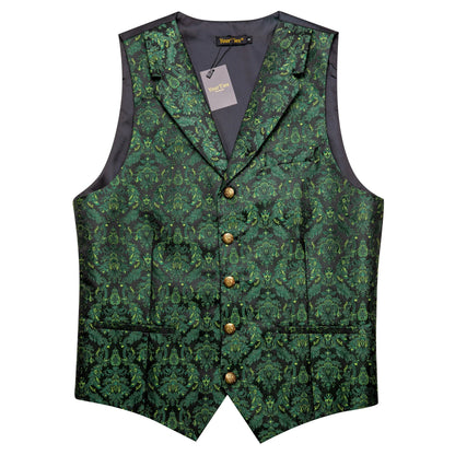 Mens Vest Green Floral Tops Tie Hanky Cufflinks Set Waistcoat Sleeveless Jacket Necktie for Male Wedding Busniess