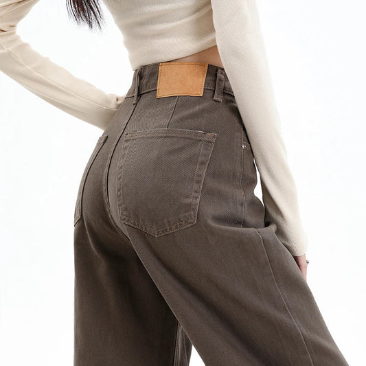 Baggy High Street Fashion Straight brown Jeans for Women's Y2k High Waist Female Clothing Solid Color Casual Wide Denim Trousers
